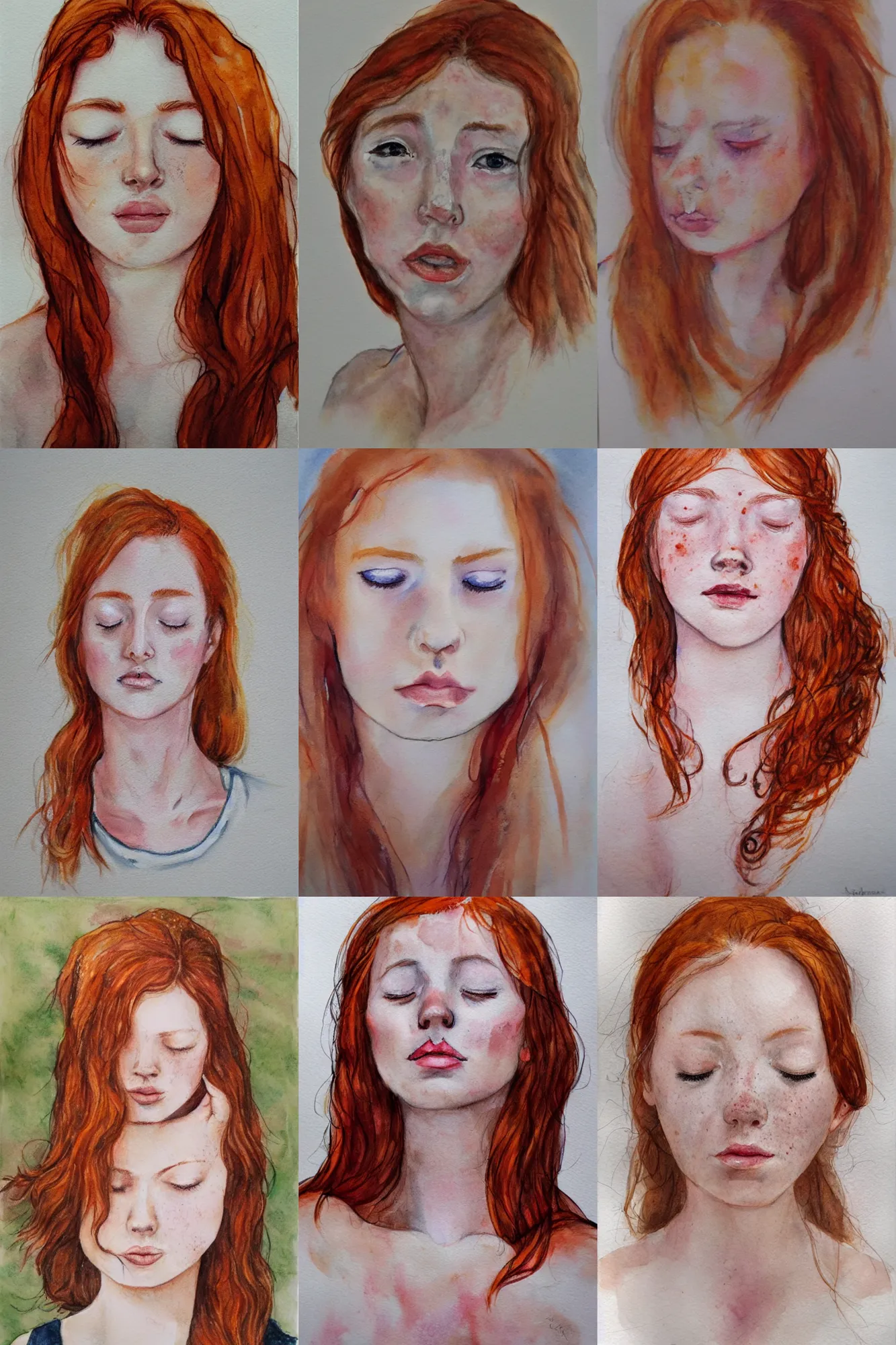 Prompt: portrait of a young ginger woman, closing her eyes, aquarelle, realistic painting, freckles, 1 / 4 headshot