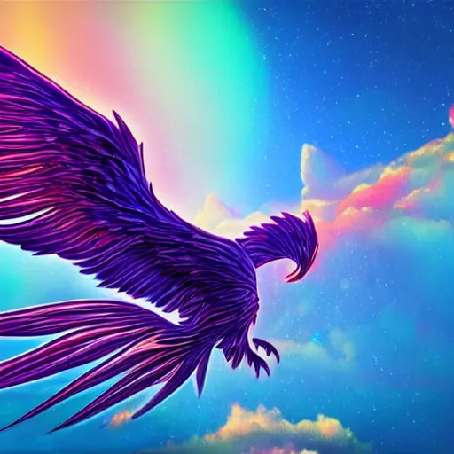 A mesmerizing galaxy-themed phoenix with purple and gold flaming feathers  and a sea of stars in the background reflected in its eyes drawn in a cute  anime style on Craiyon