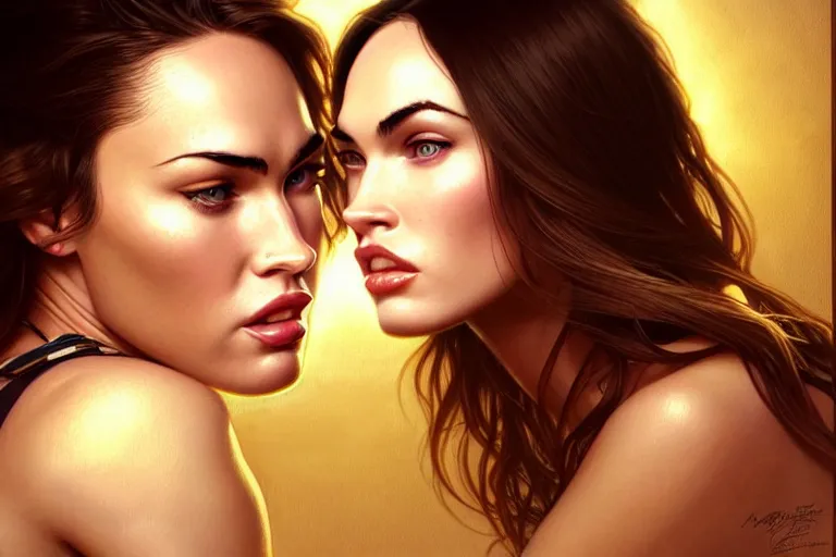 Prompt: portrait of megan fox kisses with a blonde woman, lesbian kiss, intricate, headshot, highly detailed, digital painting, artstation, concept art, sharp focus, cinematic lighting, illustration, art by artgerm and greg rutkowski, alphonse mucha, cgsociety