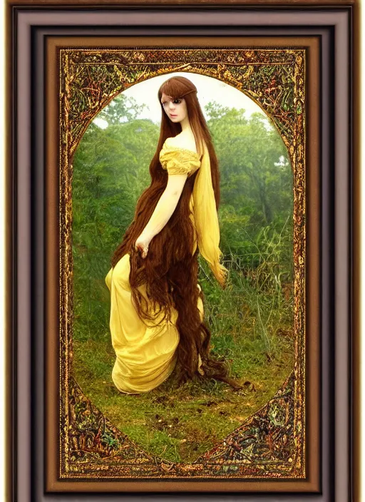 Prompt: masterpiece beautiful seductive flowing curves pose preraphaelite portrait photography, straight bangs, yellow ochre ornate medieval dress, mushroom forest arch, william morris and kilian eng and mucha, framed, 4 k