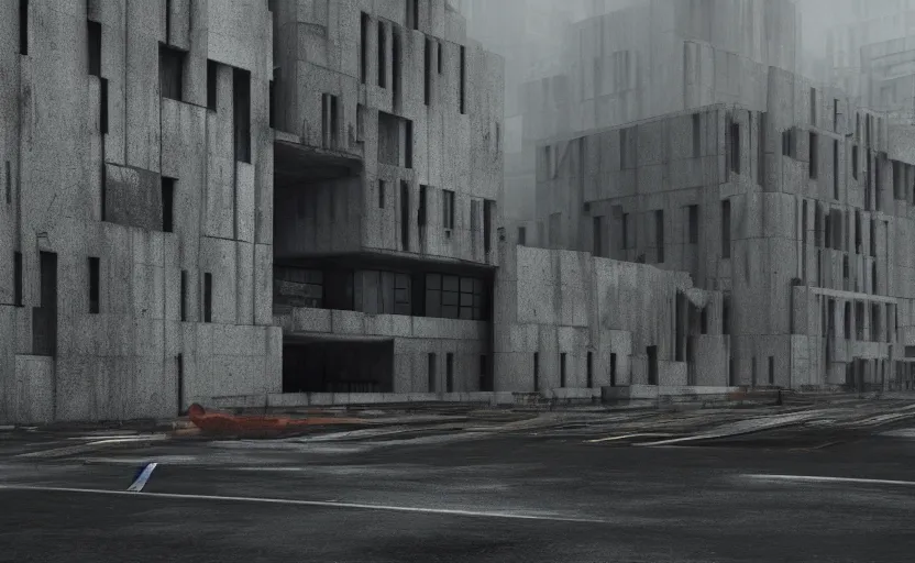 Image similar to Brutalist architecture buildings, gloomy and foggy atmosphere, octane render, artstation trending, horror scene, highly detailded