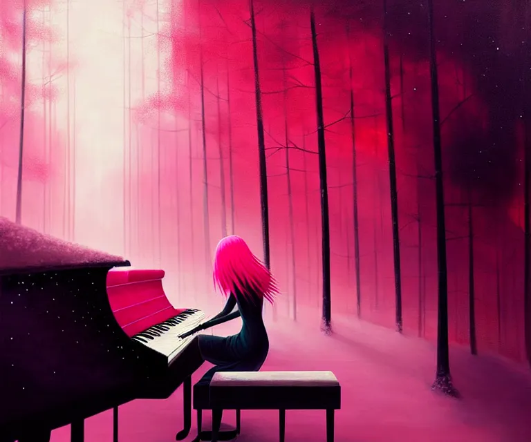 Image similar to a painting of a beautiful face gothic girl, pink hair in a stunning red dress playing a piano in the dark snowy forestby yoshitaka amano and alena aenami, cg society contest winner, retrofuturism, matte painting