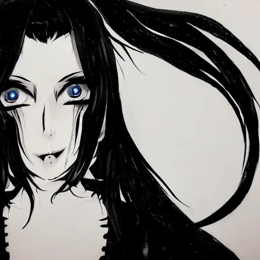 Image similar to headshot art of a goth anime woman, attractive, symmetrical face, trending on artstation, black and white watercolor