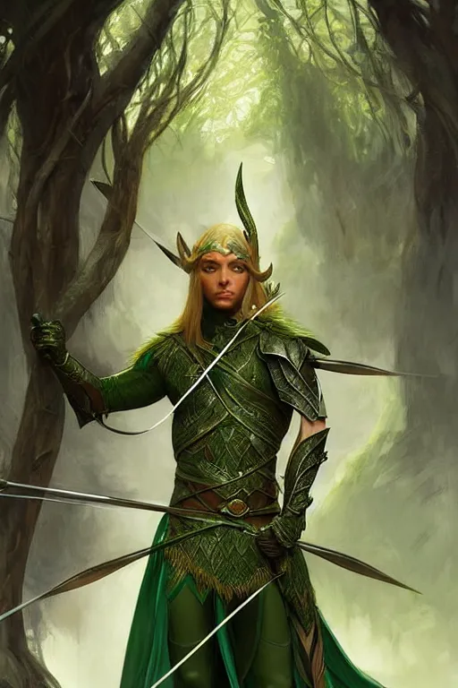 Image similar to male elven Archer armor made of green leaves, fantasy, amber eyes, face, long hair, intricate, elegant, highly detailed, digital painting, artstation, concept art, smooth, sharp focus, illustration, art by artgerm and greg rutkowski and alphonse mucha