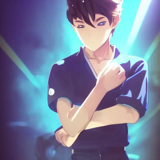 Image similar to very cool anime boy, short silver hair, azure blue watery eyes, full round face, seductive glances, wearing River City Ransom suit, lens flare, cinematic lighting, medium shot, mid-shot, highly realistically detailed, trending on pixiv, Unreal Engine 4k, Stanley Artgerm Lau, WLOP, Rossdraws, James Jean, Marc Simonetti