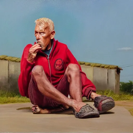 Image similar to a man in cheap and red used sportswear. he is smoking a cigarette. he is sitting on a dead dog. he is on the side of the road. he is wearing slippers. it is a rural scene, in poor village, dramatic lighting, hyper detailed, surreal, hyperrealism, oil painting