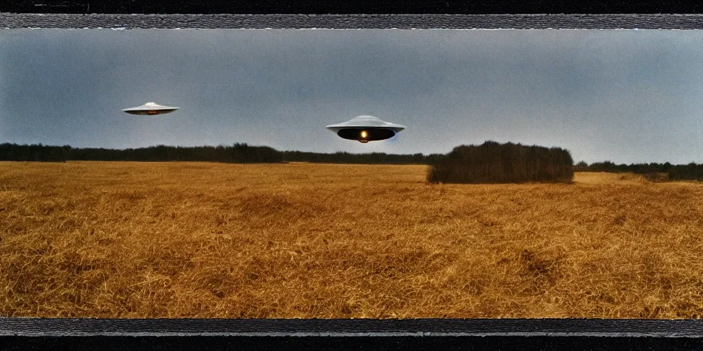 Image similar to detailed medium format photo, polaroid still from tarkovsky movie, saucer shaped ufo flying over a rural landscape haze, high production value, intricate details, 8 k resolution, hyperrealistic, hdr, photorealistic, high definition, tehnicolor, award - winning photography, masterpiece, amazing colors