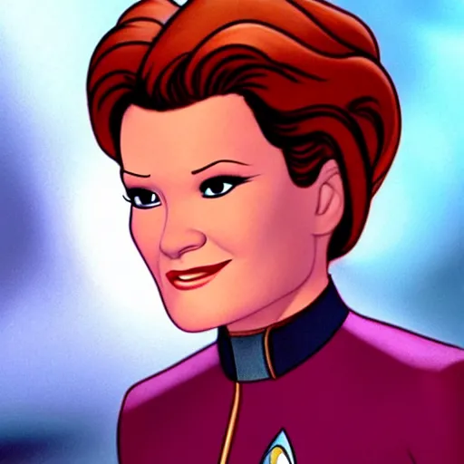 Image similar to captain janeway from star trek voyager in a still from a disney movie. beautiful cartoon character art, high quality, detailed face