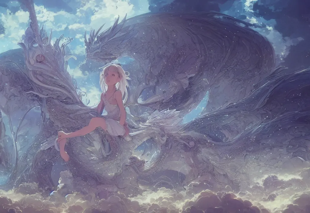 Image similar to the beautiful hyper detailed scene render that a lonely single beautiful girl lies in the arms of a huge silver dragon alone in the fairyland surrounded by white clouds, in the style of makoto shinkai victo ngai and peter mohrbacher studio ghibli artgerm karol bak beeple, animation style, 8 k hd, dream, ultra wide angle, animation style