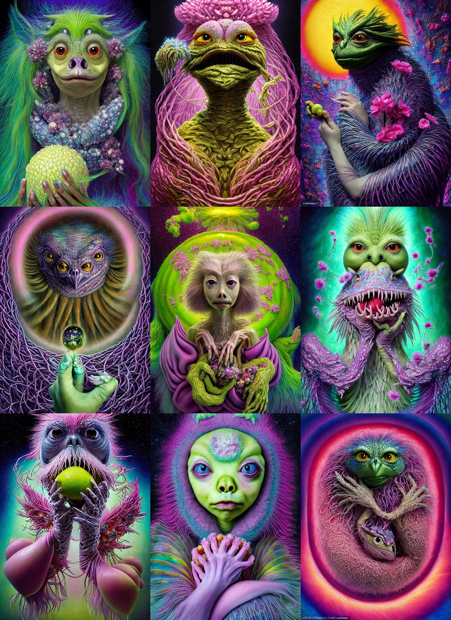 Image similar to hyper detailed 3d render like a Oil painting - kawaii portrait Aurora (a skeksis from dark crystal that looks like Anya Taylor-Joy) seen Eating of the Strangling network of yellowcake aerochrome and milky Fruit and His delicate Hands hold of gossamer polyp blossoms bring iridescent fungal flowers whose spores black the foolish stars by Jacek Yerka, Ilya Kuvshinov, Mariusz Lewandowski, Houdini algorithmic generative render, Abstract brush strokes, Masterpiece, Edward Hopper and James Gilleard, Zdzislaw Beksinski, Mark Ryden, Wolfgang Lettl, hints of Yayoi Kasuma, octane render, 8k