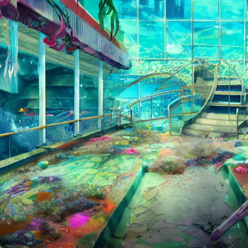 Image similar to painted anime background of an underwater mall in the slums built from various coral seashells and being reclaimed by nature, seaweed, light diffraction, litter, steampunk, cyberpunk, caustics, anime, vhs distortion, inspired by splatoon by nintendo, art created by miyazaki