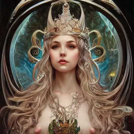 Image similar to a oil painting of a elven queen, cute, fantasy, intricate, elegant, highly detailed, centered, digital painting, artstation, concept art, smooth, sharp focus, illustration, art by artgerm and H R Giger and alphonse mucha
