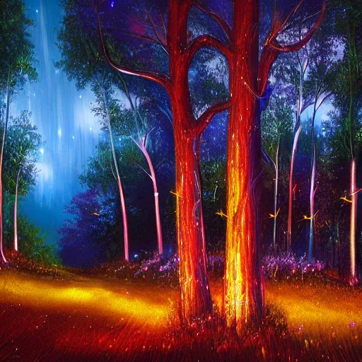 Prompt: landscape of beautiful magical indigo trees with fireflies, detailed luminescent magical realism painting 4 k