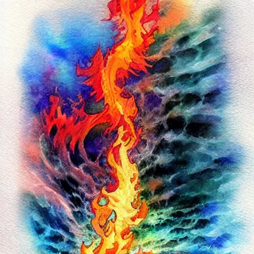 Image similar to fire and water colliding together, watercolor, fantasy art, ultra detailed