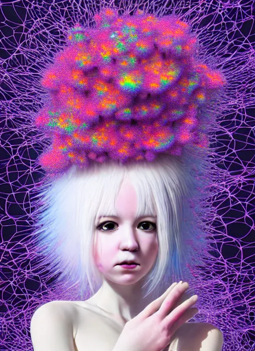 Image similar to hyper detailed 3d render like a Oil painting - kawaii portrait Aurora (white haired Singer Ferret) seen Eating of the Strangling network of yellowcake aerochrome and milky Fruit and Her delicate Hands hold of gossamer polyp blossoms bring iridescent fungal flowers whose spores black the foolish stars by Jacek Yerka, Mariusz Lewandowski, Houdini algorithmic generative render, Abstract brush strokes, Masterpiece, Edward Hopper and James Gilleard, Zdzislaw Beksinski, Mark Ryden, Wolfgang Lettl, hints of Yayoi Kasuma, octane render, 8k