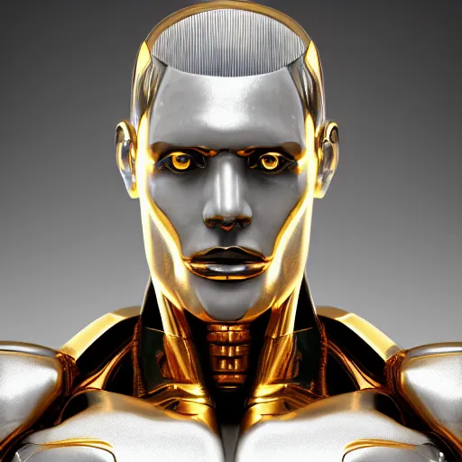 Prompt: statue of white marble with gold veins of strong attractive futuristic cybernetic man adonis posing, hyper realistic, transhumanism, perfect symmetrical body, perfect symmetrical face, hyper detailed, octane render blender, 8 k