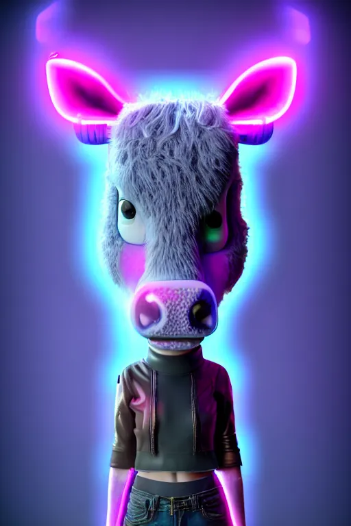 Image similar to high quality 3 d render cyberpunk very cute cyborg cow shaggy! hybrid! drinking beer, highly detailed, unreal engine cinematic smooth, in the style of blade runner & detective pikachu, hannah yata charlie immer, purple neon light, low angle, uhd 8 k, sharp focus