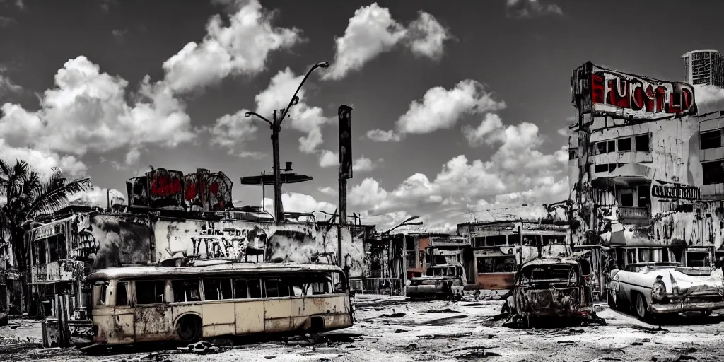 Image similar to low wide angle shot of dilapidated fallout 5 miami, tropical coastal city, desolate, dilapidated neon signs, few rusted retro futuristic vintage parked vehicles like cars, buses, trucks, trams, sunny weather, few clouds, volumetric lighting, photorealistic, daytime, spring, sharp focus, ultra detailed, 4 0 0 0 k