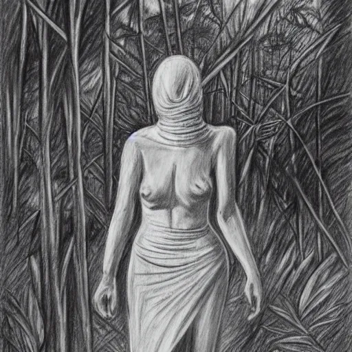 Prompt: bandaged mummy walks through jungle, pencil drawing, high resolution,