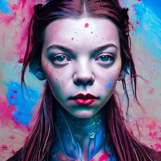 Image similar to art portrait of a Anya Taylor-Joy, cameras, melting ,8k,by tristan eaton,Stanley Artgermm,Tom Bagshaw,Greg Rutkowski,Carne Griffiths, Ayami Kojima, Beksinski, Giger,trending on DeviantArt,face enhance,hyper detailed,minimalist,cybernetic, android, blade runner,full of colour