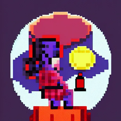 Prompt: pixelart, 2 d pixel illustration, new pixel art trending on artstation, an astronaut drinking a bottle of vodka on the surface of venus while staring at the sun