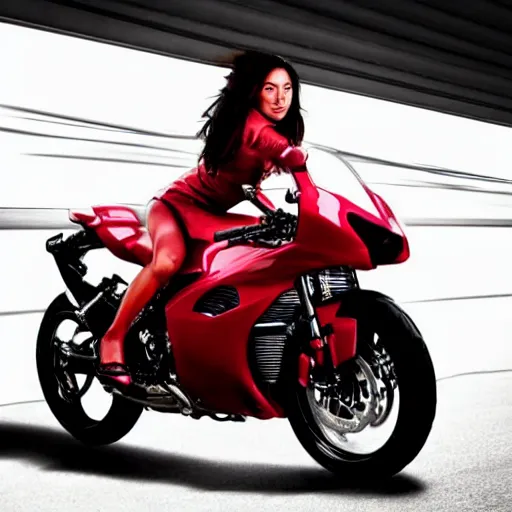 Prompt: photo of a woman that can transform into a motorcycle. detailed. red. beauty.