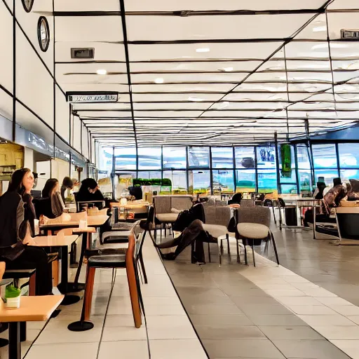 Prompt: an interior photo of modern cafe in an airport