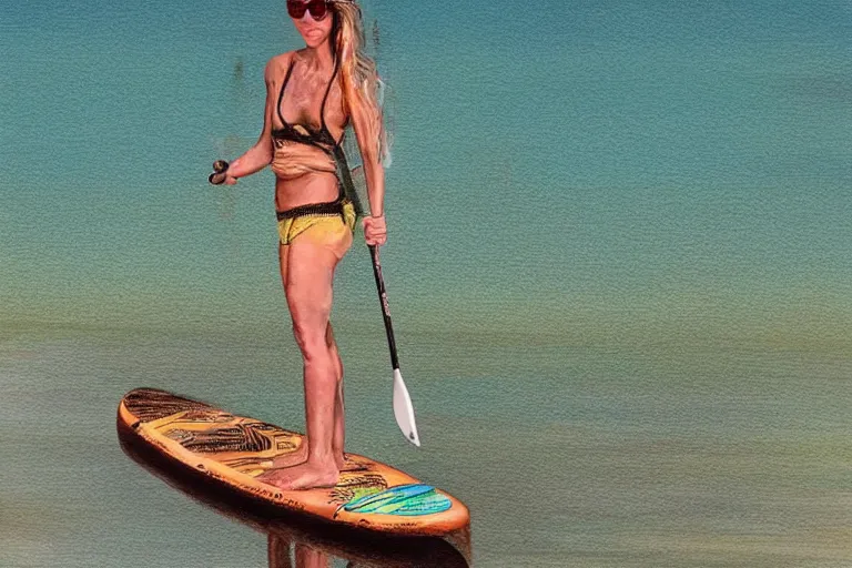 Image similar to beautiful serene person on a paddle board sup, healing through motion, life, minimalistic golden and ink airbrush painting on white background