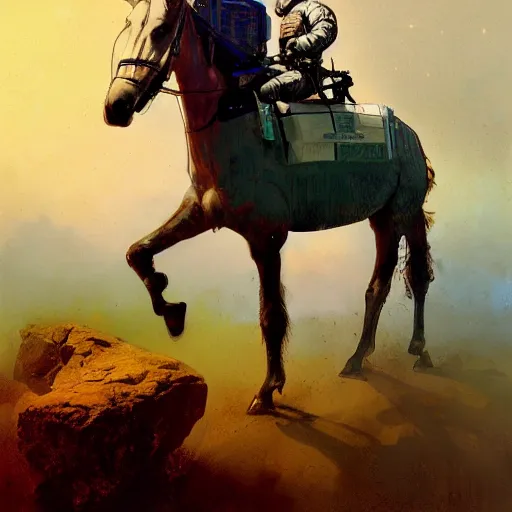 Image similar to a horse on top a man, a horse carried by a astronaut, hyperrealism, no blur, 4 k resolution, ultra detailed, style of ron cobb, adolf hiremy - hirschl, syd mead, ismail inceoglu, rene margitte