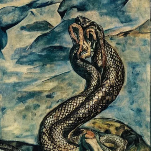 Prompt: by oskar kokoschka, by carel willink monumental. a beautiful print of a snake eating its own tail that seems to go on forever.