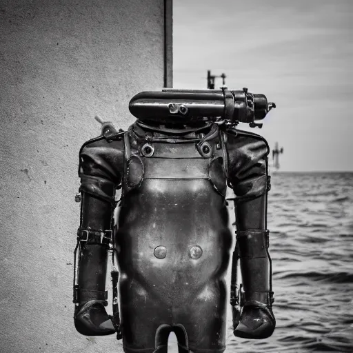 Prompt: Early twentieth century armored diving suit in the deep sea, photography, Sony A7III, 35mm f2,4