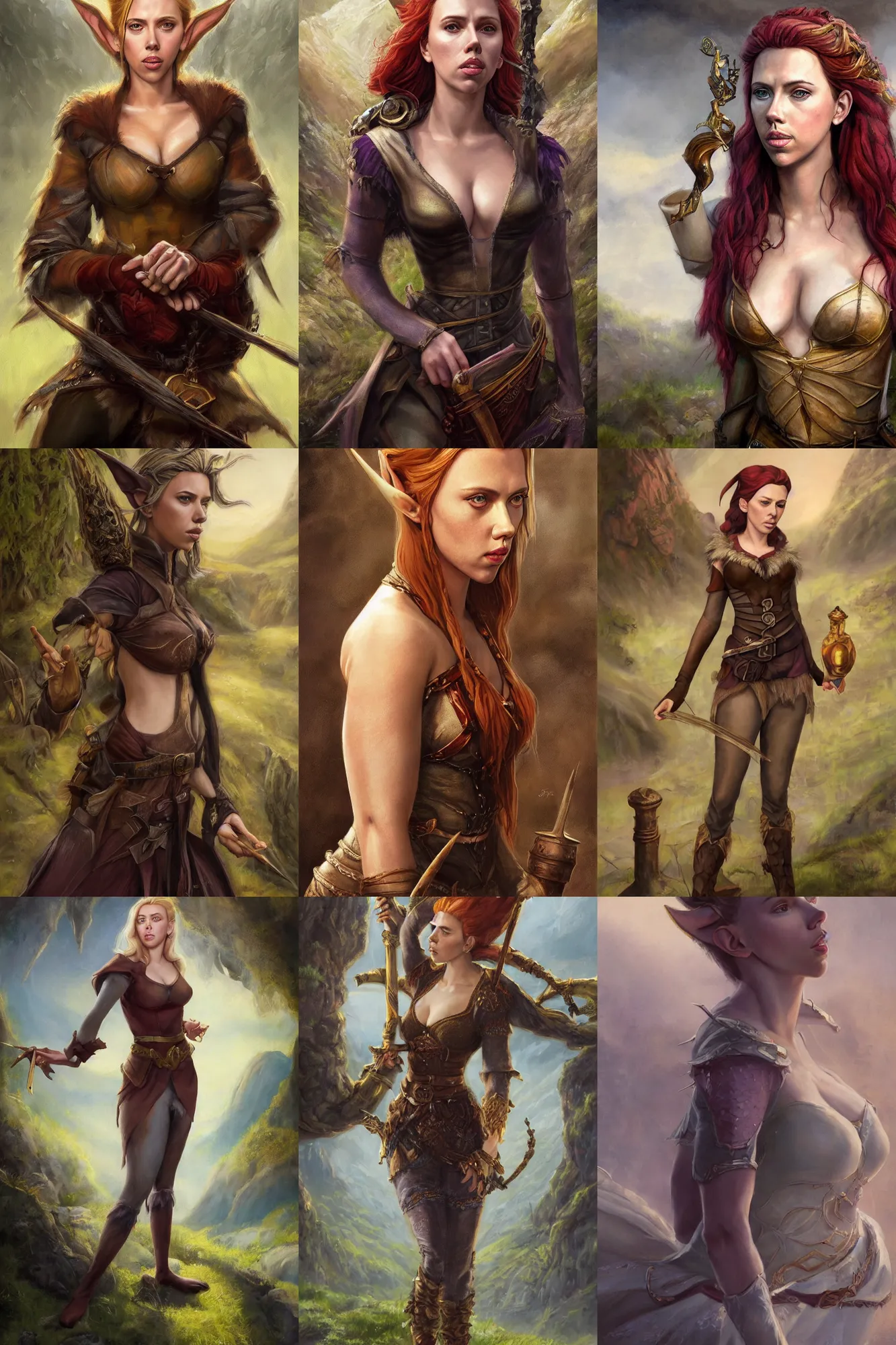 Image similar to a full body high detail fantasy portrait oil painting illustration of scarlett johansson as a beautiful sophisticated posing bard elf by justin sweet with face and body clearly visible, in a scenic background, pupils visible, realistic proportions, d & d, rpg, forgotten realms, artstation trending, high quality, sombre mood, artstation trending, muted colours, entire person visible!