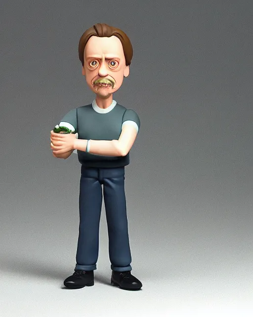 Prompt: full body 3 d render of steve buscemi as a gardener claymation nendoroid! action figure, studio lighting, grey background, no shadow, blender, trending on artstation, 8 k, highly detailed