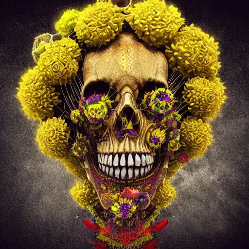 Image similar to a golden skull face african electric shaman with an afro made of flowers, third eye art art by machina infinitum, complexity from simplicity, rendered in octane, mandelbulb 3 d, ambient occlusion, macro photography, tribal, retrowave