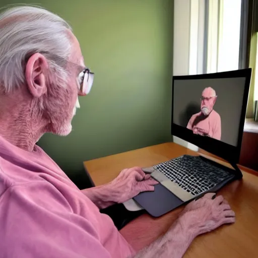 Prompt: A colored colorized real screenshot of Jerma985 as an elderly guy streaming on his computer, taken in the early 2020s, taken on a 2010s Camera, realistic, hyperrealistic, very realistic, very very realistic, highly detailed, very detailed, extremely detailed, detailed, digital art, trending on artstation, headshot and bodyshot, detailed face, very detailed face, very detailed face, real, real world, in real life, realism, HD Quality, 8k resolution, intricate details, colorized photograph, colorized photon, body and headshot, body and head in view