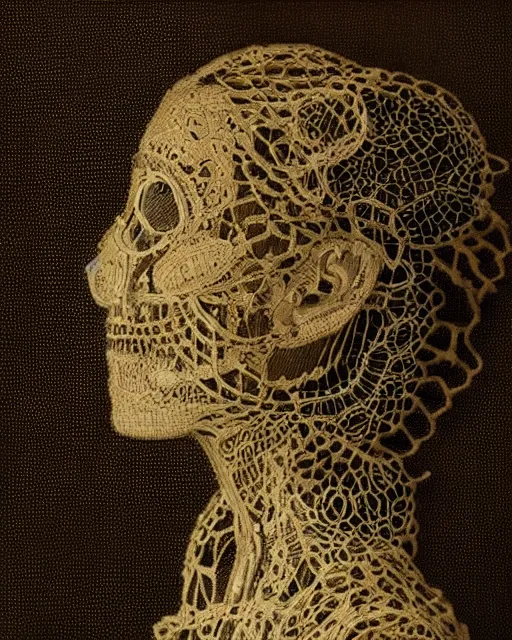 Image similar to a woman's face in profile, made of intricate lace skeleton, in the style of the dutch masters and gregory crewdson, dark and moody