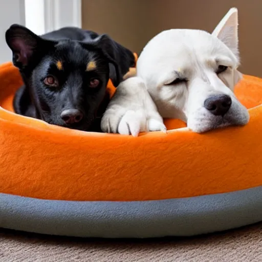 Prompt: cat and dog sleeping next to each other in a large pet bed during a stormy night