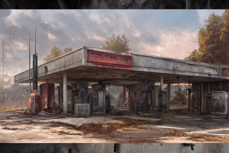 Prompt: highly detailed 4K fantasy matte painting of an abandoned gas station near the road, dystopian style detailed digital art by Greg Rutkowski and Thomas Kinkade, trending on Artstation