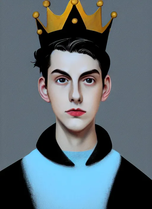 Image similar to portrait of teenage jughead jones wearing a light grey crown, crown, blue turtleneck, 1 9 5 0 s, closed eyes, photorealistic, black hair, glowing lighting, intricate, elegant, glowing lights, highly detailed, digital painting, artstation, concept art, smooth, sharp focus, illustration, art by wlop, mars ravelo and greg rutkowski