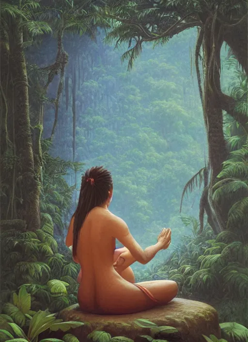 Prompt: an indigenous woman meditating in the amazon jungle, gazing at the water, highly detailed, art by christophe vacher