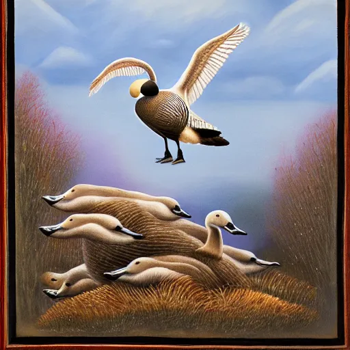 Prompt: a very intricate painting of a singing Canadian goose dancing on top of a pile of corpses, 8k, art station, award winner