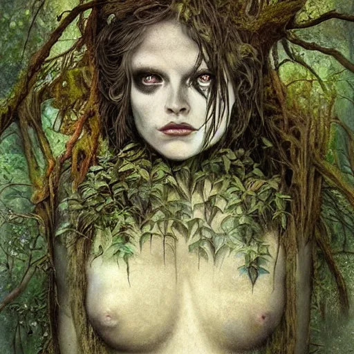 Prompt: portrait of a dryad inspired by hr giger, in a forest of fey autumn maples, her skin glistens with rainwater by greg rutkowski and brian froud dark mysterious, filtered evening light