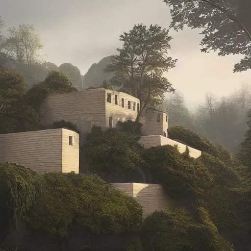 Image similar to beige house with walled in garden, on a hill surrounded by big trees, dramatic lighting, artstation, matte painting, raphael lacoste, simon stalenhag, frank lloyd wright, drone view