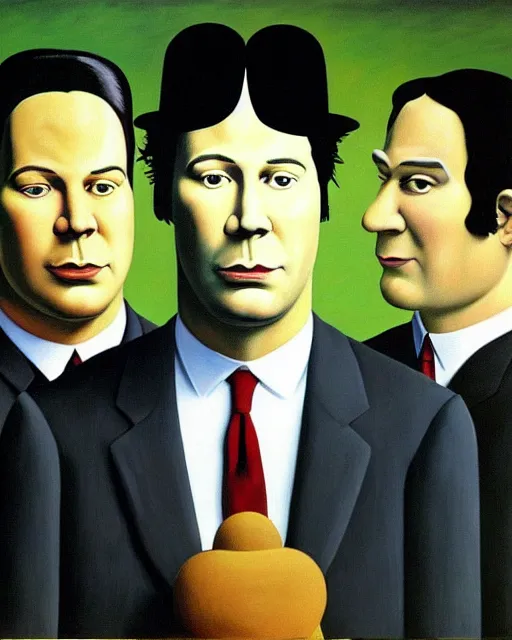 Image similar to magritte painting of keanu reeves and shrek