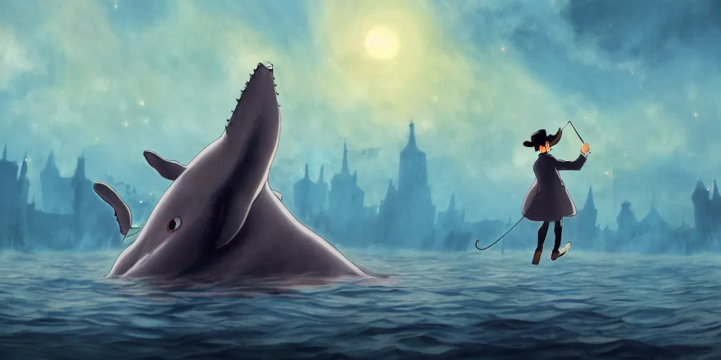 Prompt: a realistic and atmospheric cell - shaded concept art from howl's moving castle ( 2 0 0 4 ) of a multi - colored whale jumping into the air. a man with an umbrella is standing in a boat in a flooded city. it is a misty starry night. very dull muted colors, hd, 4 k, hq