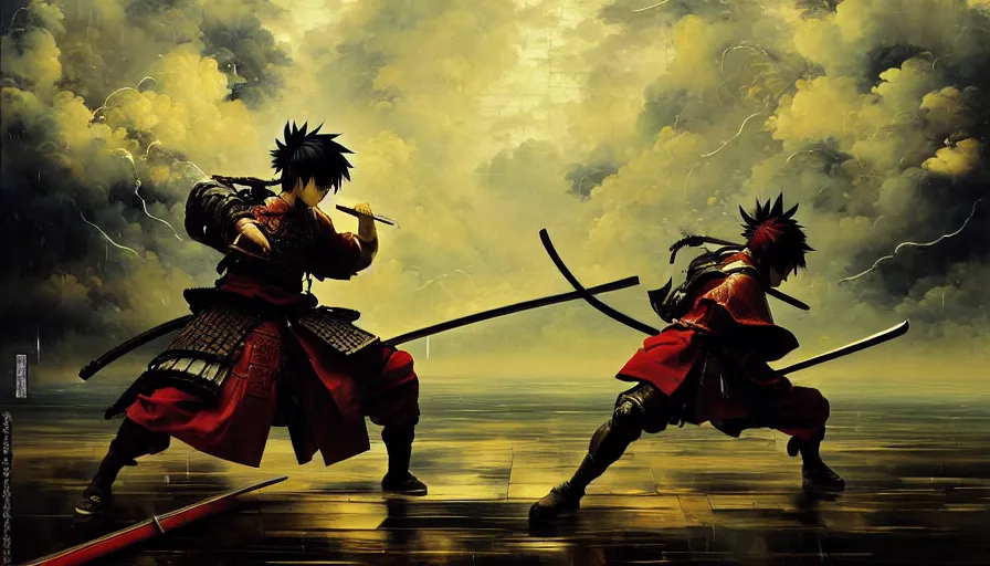 Image similar to baroque oil painting of key visual great samurai battle, rain, storm, final fantasy, fake detail, trending pixiv fanbox, acrylic palette knife, style of makoto shinkai takashi takeuchi yoshiyuki sadamoto greg rutkowski chiho aoshima