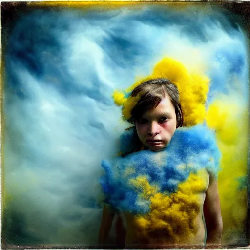 Image similar to crying girl, covered in yellow and blue clouds, by kim keever