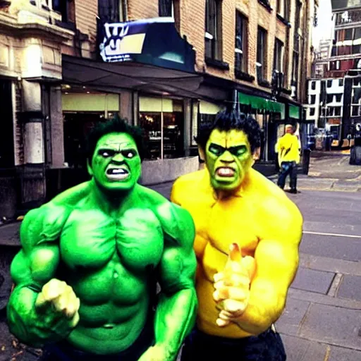 Image similar to “the Incredible Hulk and his twin brother terrorise shoppers on Marylebone High St #bbcnews hq photo ”