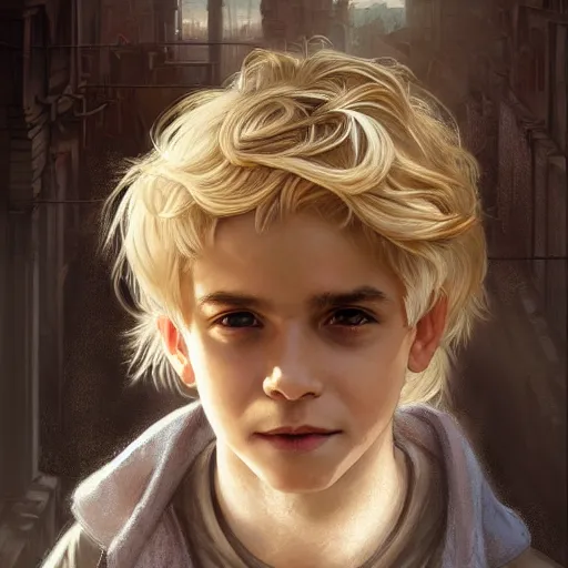 Image similar to portrait of a young boy fantasy thief in the slums of a fantasy city, dirty blonde hair, d & d, fantasy, joyful smirk, intricate, elegant, highly detailed, digital painting, artstation, concept art, matte, sharp focus, illustration, art by artgerm and greg rutkowski and alphonse mucha