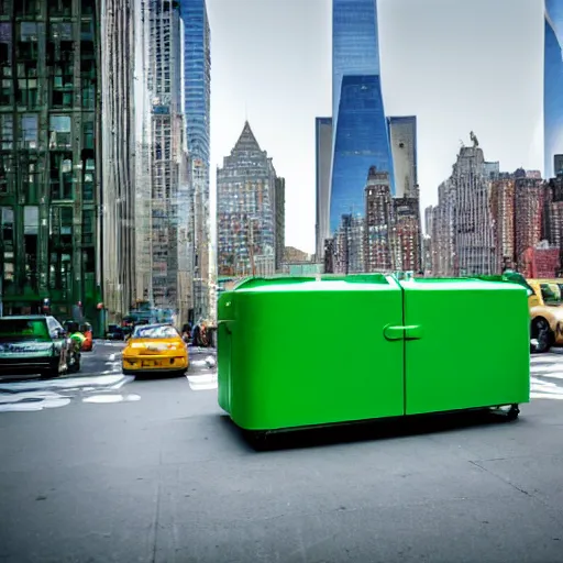 Image similar to green refrigerator flying, floating, hovering above new york city